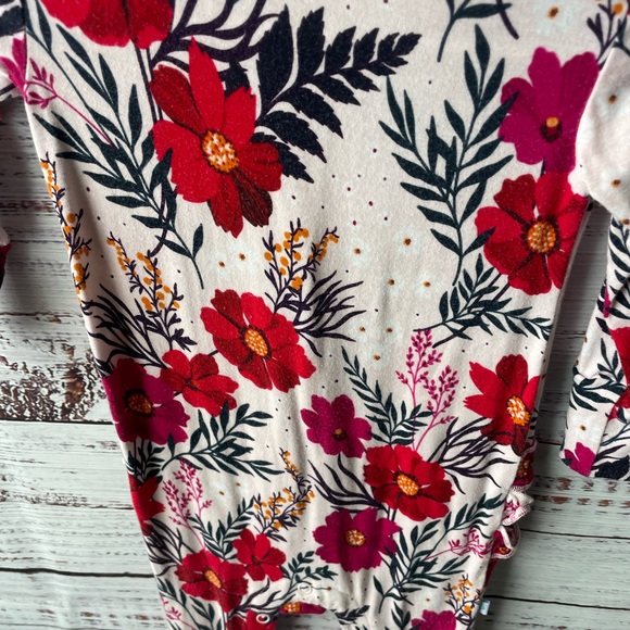 Posh Peanut Chloe Pink and Red Floral Bamboo Long Sleeve Romper with Ruffles - Picture 3 of 6